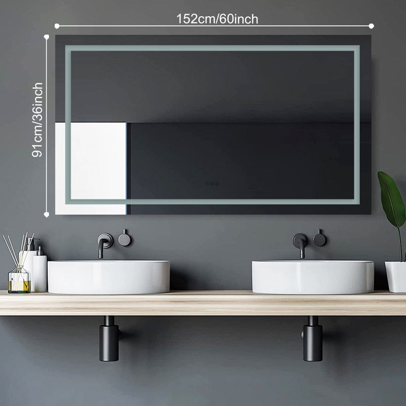 Miroir de salle de bain sans cadre à DEL avec lumières, miroir de meuble-lavabo mural anti-buée, multifonctionnel, 3 lumières à intensité variable, fonction de mémoire