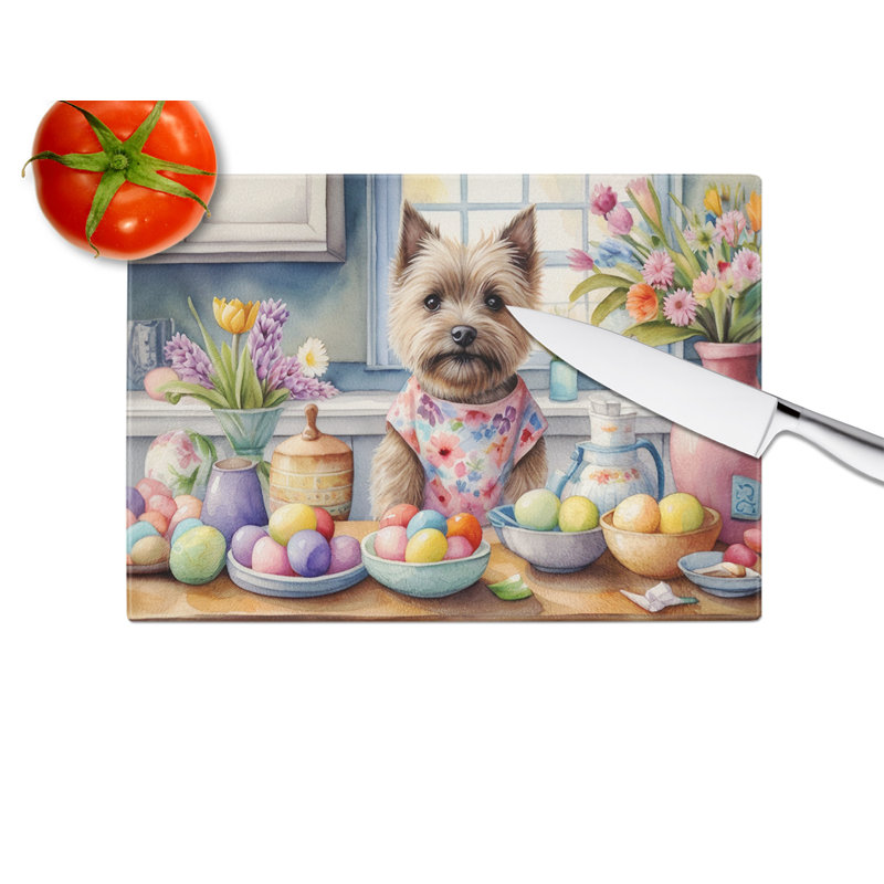 Planche à découper en verre avec décoration Cairn Terrier de Pâques