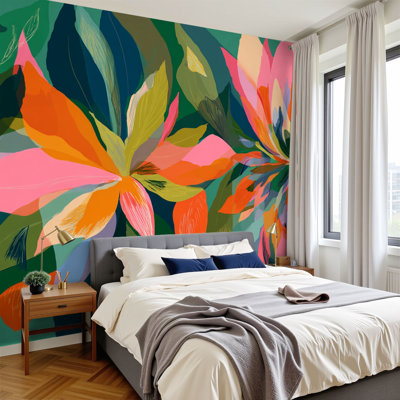 Peel and Stick Wallpaper 96" W x 69" H Modern Self Adhesive Wall Mural for Bedroom Modern tropical floral Colorful abstract contemporary seamless Hand