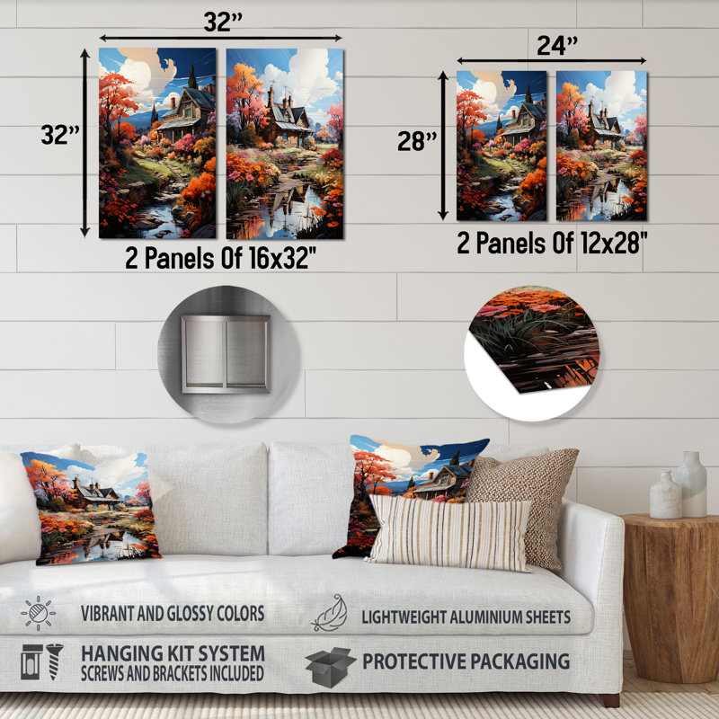«Fall Retreat Cottage Landscape II», ensemble d'art mural en métal 2 pièces, H 28 po x l 24 po