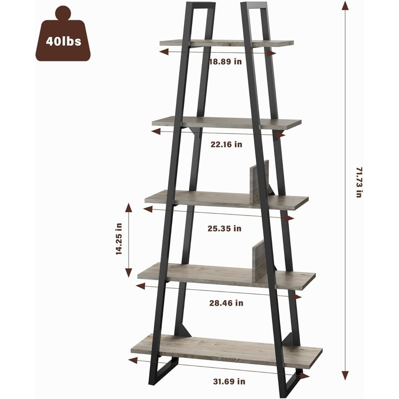 5-Tier Rustic Industrial Wood Bookshelf, Ladder Bookcase, Light Yellow