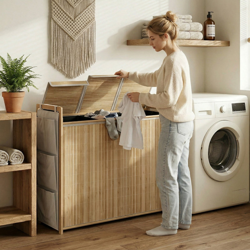 Panier à linge en bambou avec sac à cordon amovible, naturel, 30.7" H x 37" W x 13" D