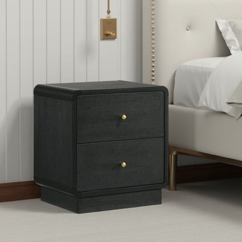 Table de chevet Cavy, 2 tiroirs de rangement, bois noir, boutons ronds dorés
