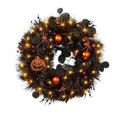 Halloween Wreath with LED Lights, 17.72 Inch Artificial Front Door Wreath, Spooky Pumpkin Spider Ornaments, Black Eucalyptus Wreath for Wall Porch Halloween Decor