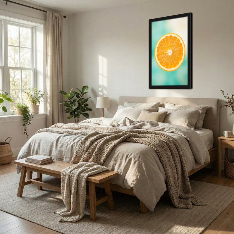 Plantes et fleurs, tranche d'orange sur fond bleu sarcelle, H 12 po x l 18 po