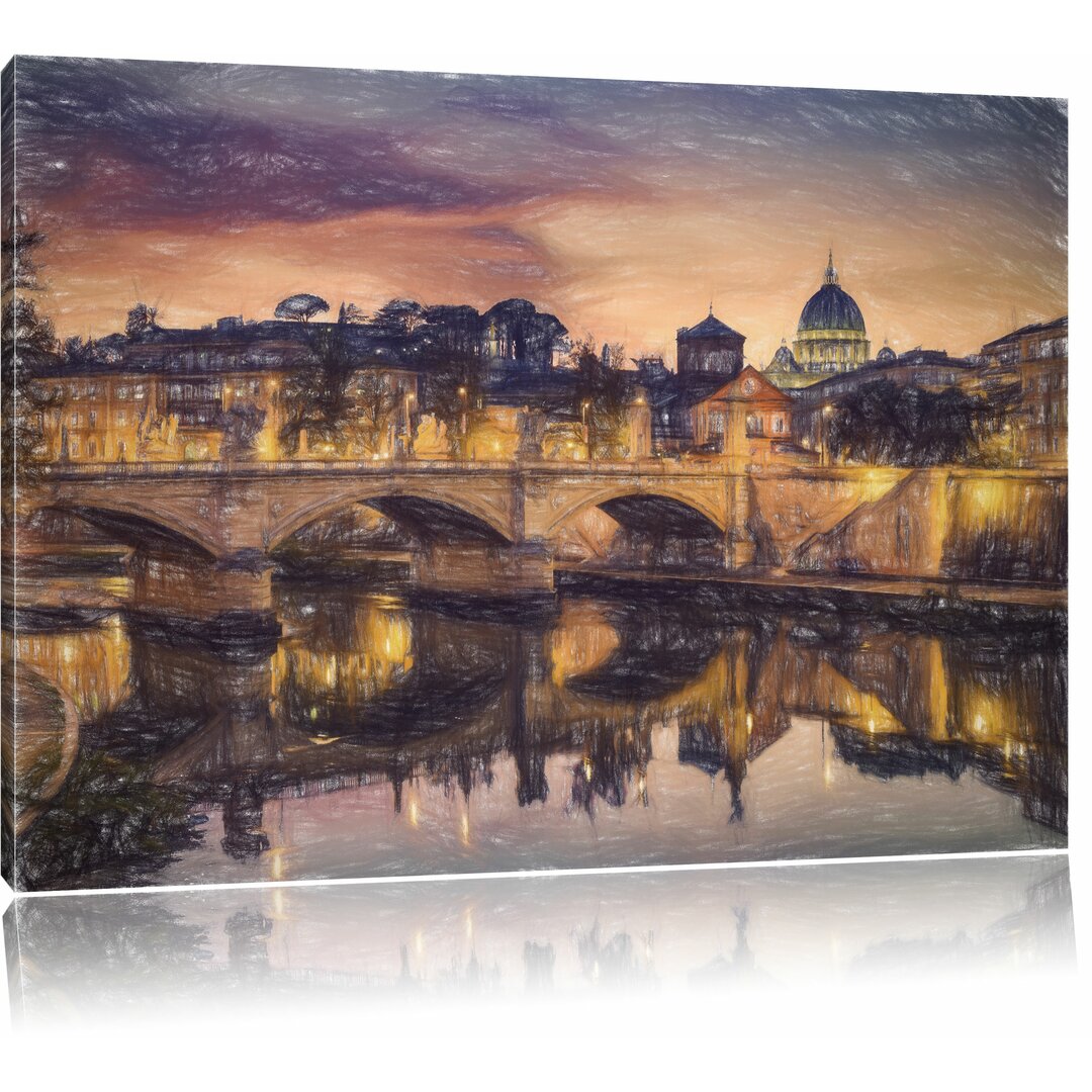 Leinwandbild „Rom am Tiber in Richtung Kathedrale St. Peter“, Grafikdruck