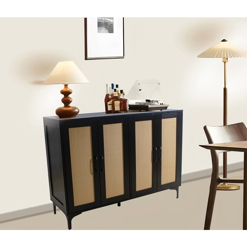 Buffet noir avec porte en rotin et 4 portes et tablettes réglables