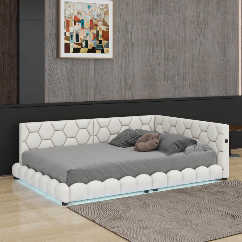 Lit plateforme tapissier double avec ports USB et DEL, Blanc