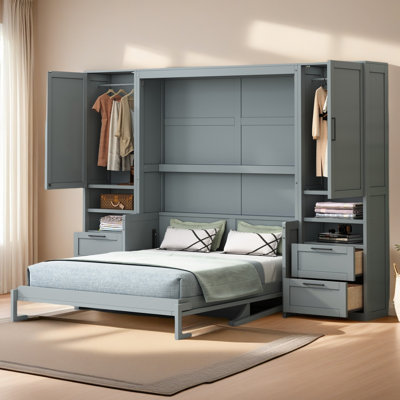 Queen Size Murphy Bed Wall Bed With Closet ,Drawers And Shelves by Hokku Designs