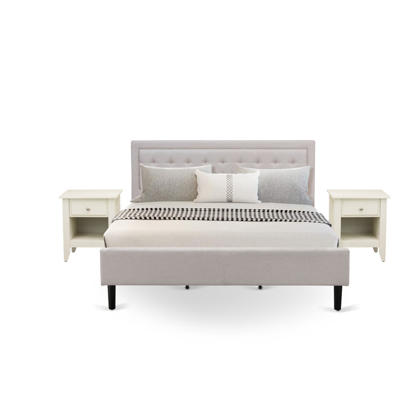 3-Piece Platform King Size Bed Set with 1 King Size Bed Frame and 2 Mid Century Nightstands - Reliable and Durable Manufacturing - Mist Beige Linen Fabric