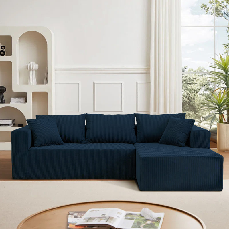 Latitude Run® 107" L-Shaped Sofa Couch, Modular Sectional Living Room Sofa Set,Corduroy,No Assembly,, Blue