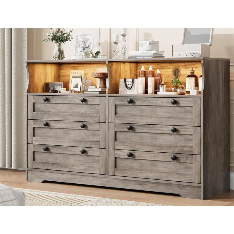 Grande commode 6 tiroirs en bois avec prise de courant et lumière DEL, Noir, noir, noir, noir