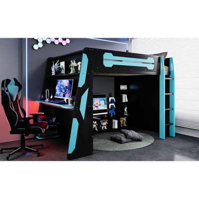 Lit mezzanine double en bois bleu nuage avec bureau latéral et tablettes de rangement abondantes pour une expérience de jeu
