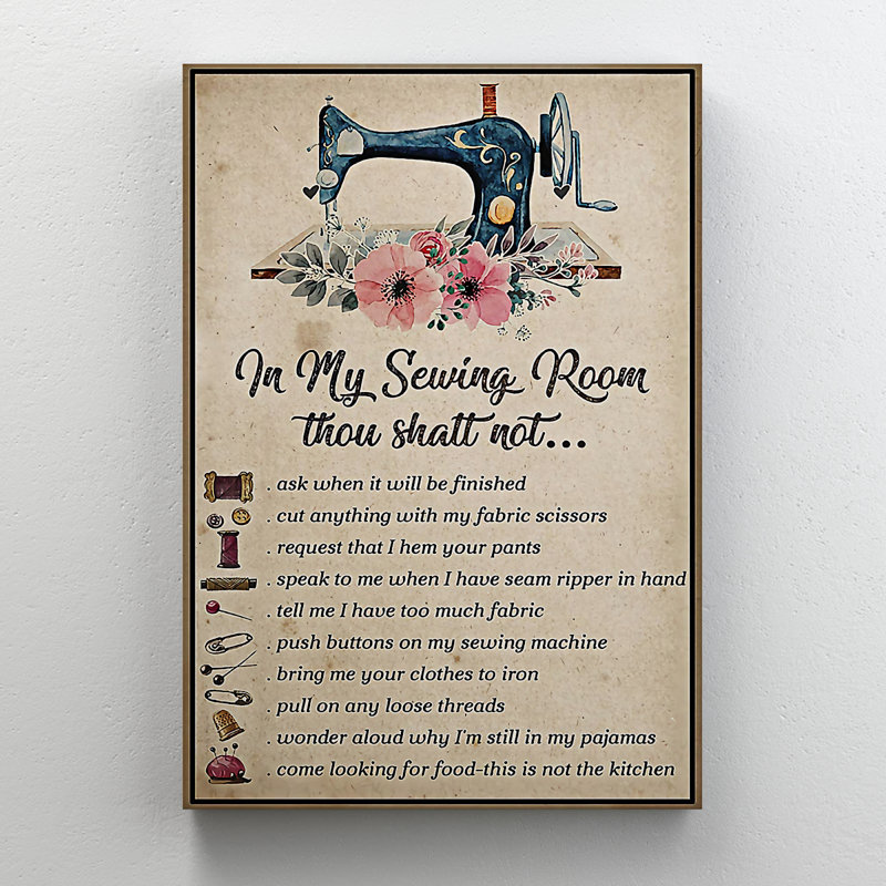 «A Sewing Machine And Flowers Beside», art textuel sur toile tendue, H 36 po x l 24 po x P 2 po