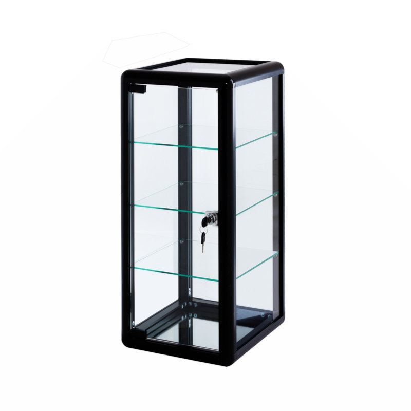 Vitrine de comptoir en verre trempé Aminatou avec porte coulissante en verre et serrure, Noir