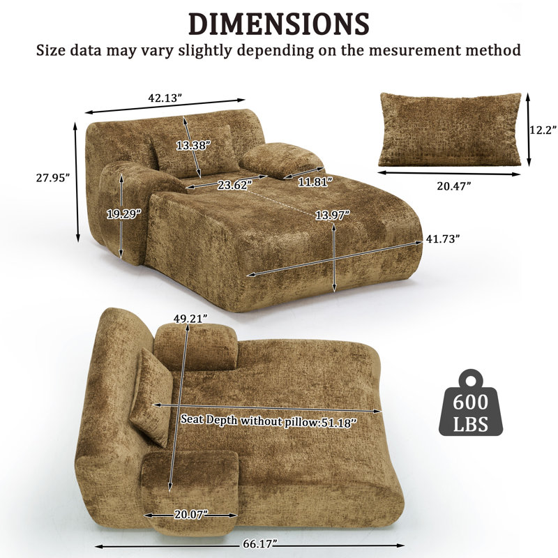 66” Oversized Upholstered Chaise Lounge, Compression Sofa Bed with Lumbar Pillow, Brown