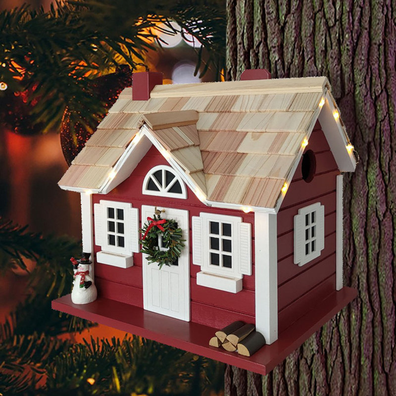 Red and White Wooden Christmas Birdhouse with LED Lights