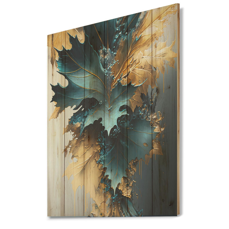 Agam abstrait bleu et feuilles d'or II - impression sans cadre sur bois, H 32 po x l 24 po x P 1 po