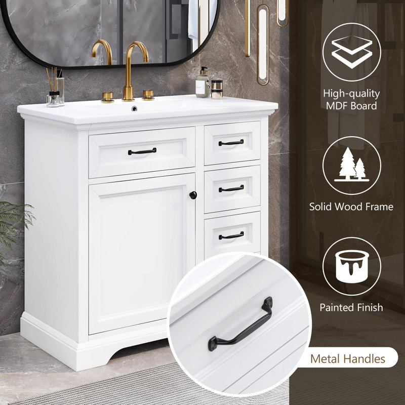 Meuble-lavabo de 36 pouces avec lavabo en céramique, 2 tiroirs à bascule, charnières de porte à fermeture en douceur, Blanc
