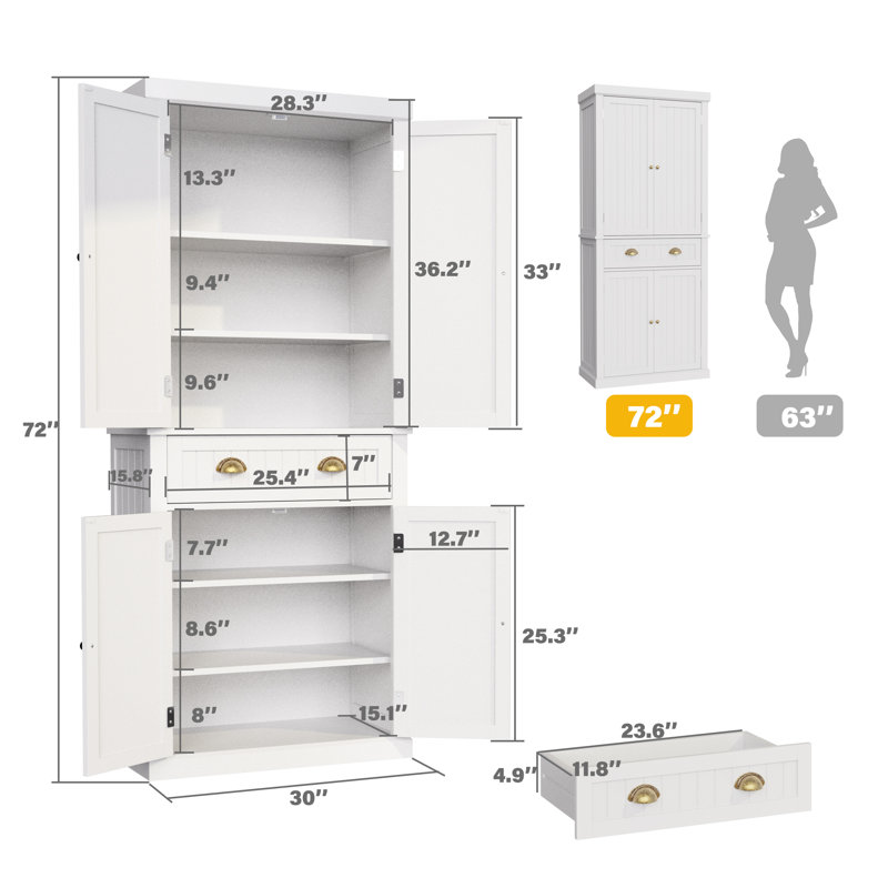 Armoire de cuisine 72 po avec 4 tiroirs, salle à manger, Blanc