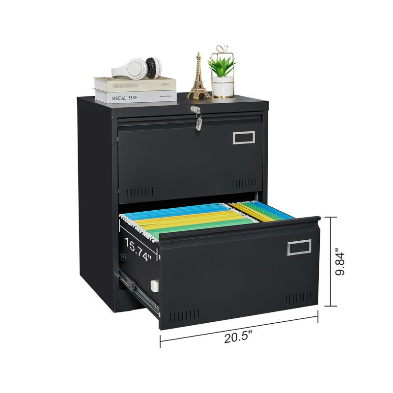 Classeur à 2 tiroirs verrouillable en métal - noir, élargi pour ranger plus de documents de bureau, latéral essentiel moderne avec serrure pour le style maison, assemblage de tiroirs requis
