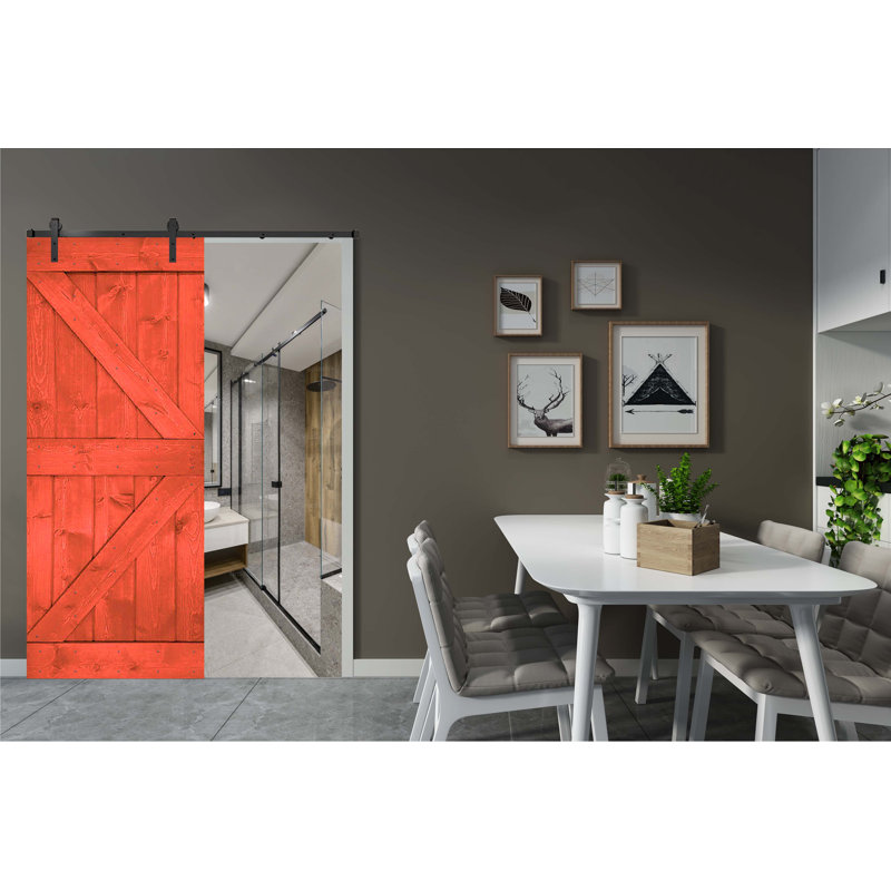 Porte de grange en bois massif DIY 3 en 1 pour chambres, espaces de rangement, placards, Rouge cerise, 28 po x 84 po
