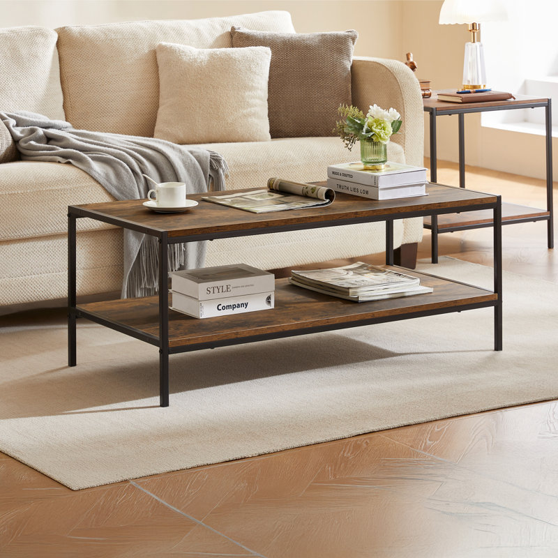 Sylvie Industrial Style Rustic Coffee Table with Metal Legs and Storage, Living Room Furniture, Dark Wood