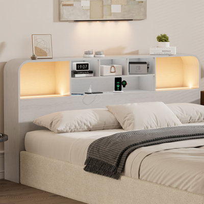Rounded-Edge Wood Grain Bookcase Headboard with LED Lighting & Built-In Charging Station, Queen&King