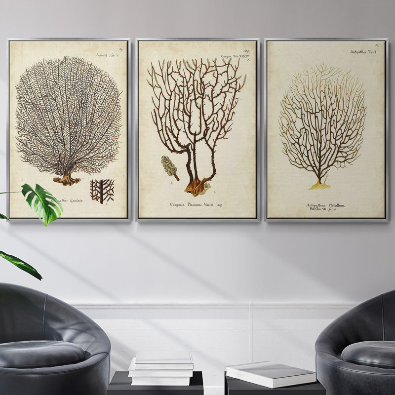 Indigo Tile I - Ensemble de 3 reproductions encadrées sur toile, H 40 po x l 78 po, Argent