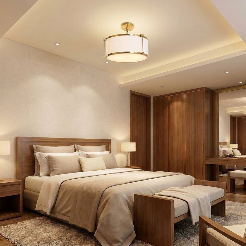 Robert Stevenson Lighting Harrison - Metal Semi-Flush Mount Ceiling Light with Captured Linen Shade, Brushed Brass, White