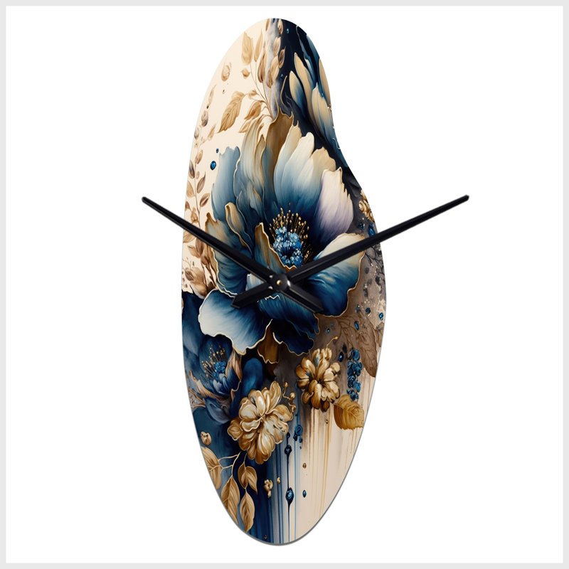 Horloge murale 3D à motif floral bleu et doré, Moyenne