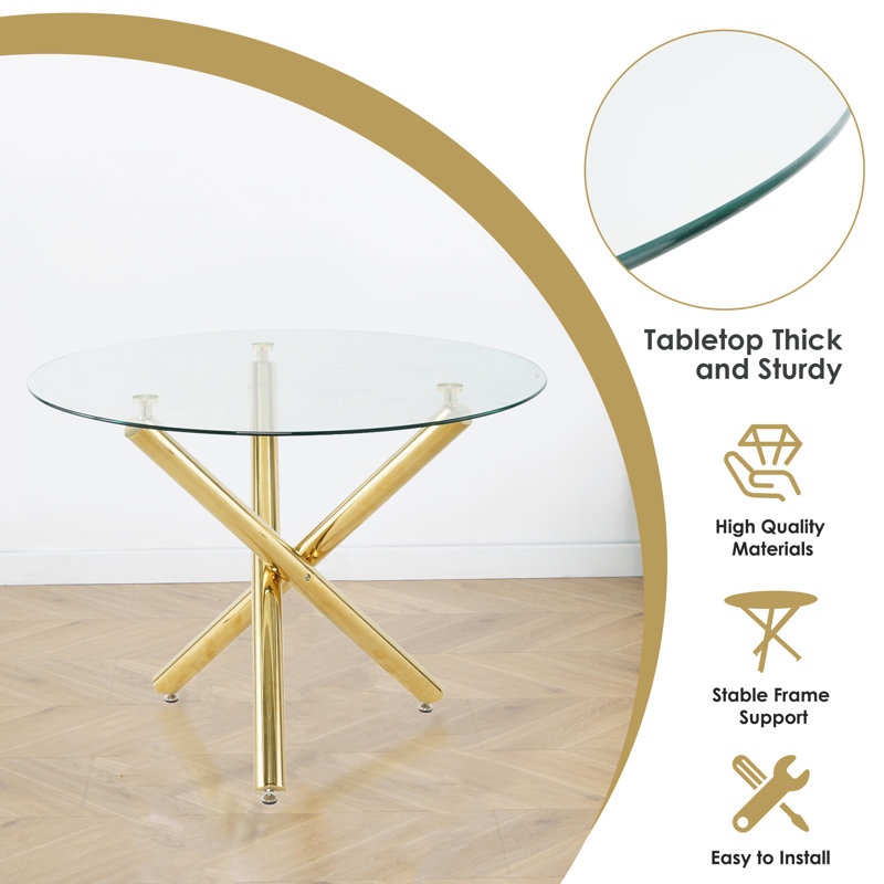 Modern Round Tempered Glass Pedestal Dining Set with Chenille Dininig Chair, Black, 29.9" H x 36" W x 36" D, Gold