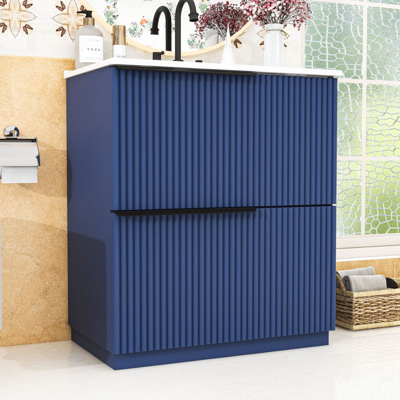 Meuble-lavabo autoportant avec lavabo en céramique et tiroirs à fermeture en douceur, Bleu