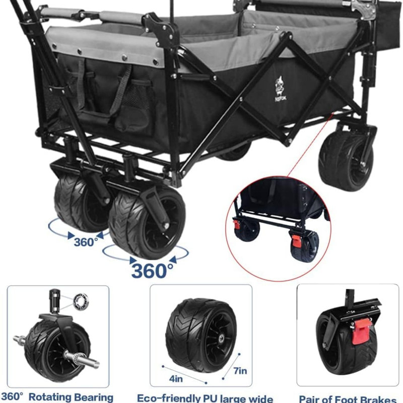 Le chariot de camping pliable à structure en acier supporte 220 lb, Noir/gris