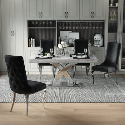 Ensemble de table de salle à manger 5 pièces en chrome argenté avec 4 chaises de salle à manger capitonnées en velours noir