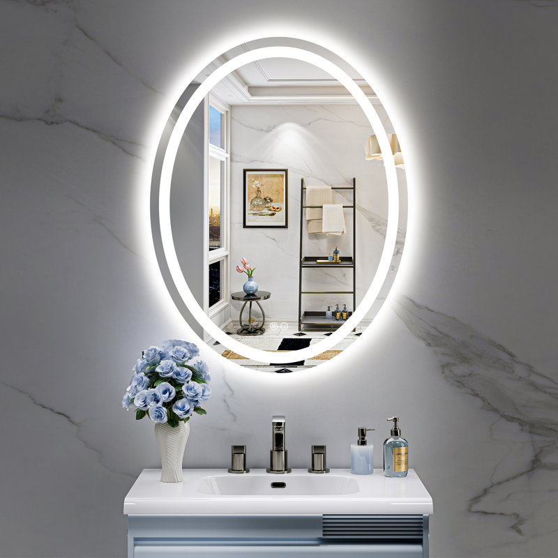 Oval Bathroom LED Mirror with Frontlit & Backlit, Anti Fog Lighted Vanity Mirror with Stepless Dimmable, ETL Listed, IP54 Waterproof, CRI90+, HD Tempered Glass