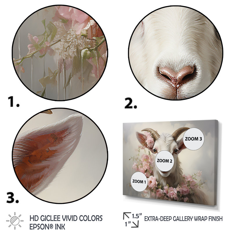 Chèvre blanche avec coller floral rose - art mural animal de chèvre, Toile tendue, H 32 po x l 48 po