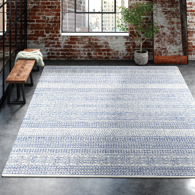 Abdera Hand-Tufted Wool Dark Blue/Ivory Rug, Rectangle 9' x 12'