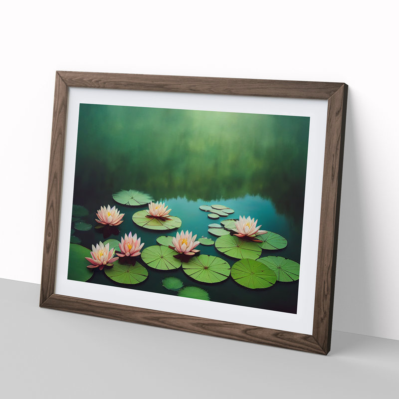 Reflective Water Lily Pond - Single Picture Frame Print, 25cm H x 34cm W x 2cm D, Walnut Framed