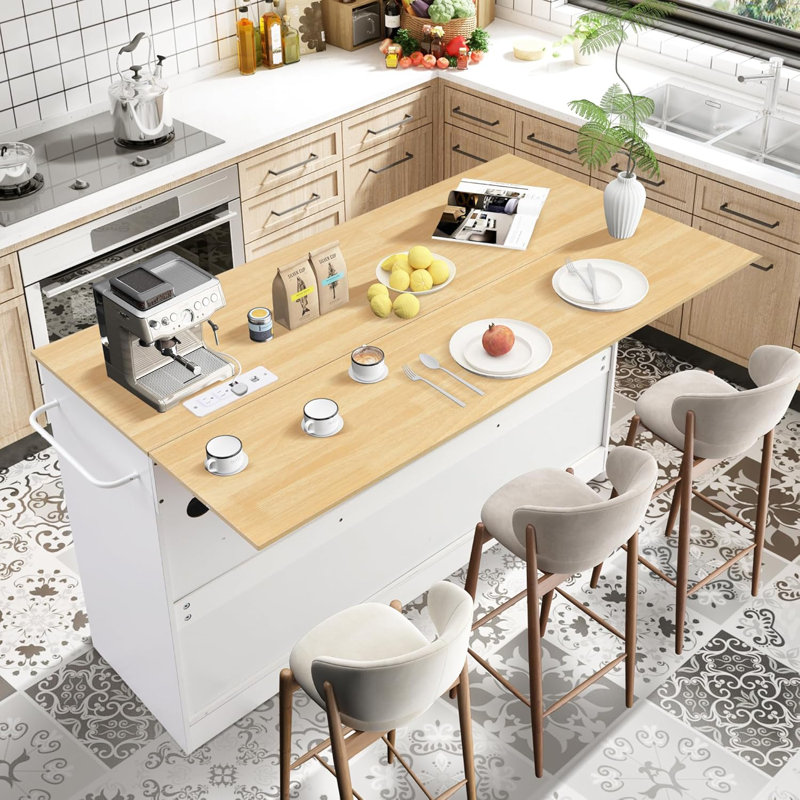 Kitchen Island With Storage On Wheels, Portable Island Table For Kitchen W/drop Leaf & Power Outlet, Rolling Island Cart W/trash Storage Cabinet, Drawers, Spice Towel Rack And Hooks
