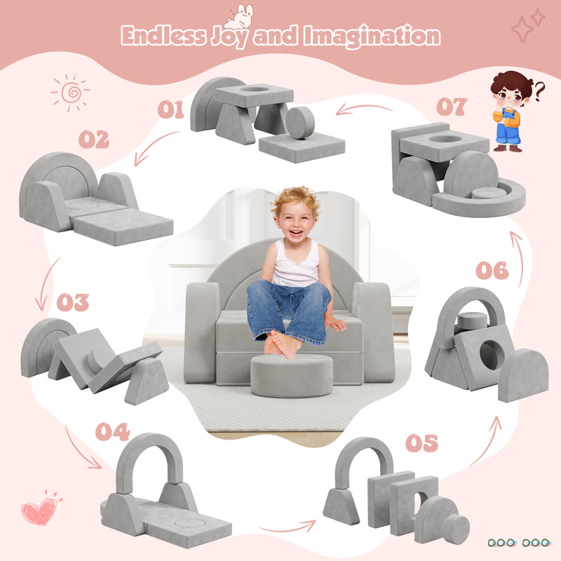 Modular Play Couch, Toddler Sofa, DIY Convertible Sofa with Soft Sponge Cushions, Grey