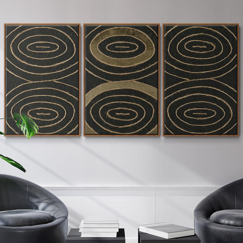 «Link in I» - Ensemble de 3 cadres flottants sur toile, Cadre noyer, H 27 po x l 54 po x P 2 po