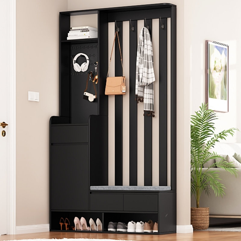 Arbre d'entrée contemporain l 39,3 po x H 70,8 po avec banc de rangement rembourré, rangement multifonctionnel pour hall d'entrée avec panneau perforé et 4 crochets, noir