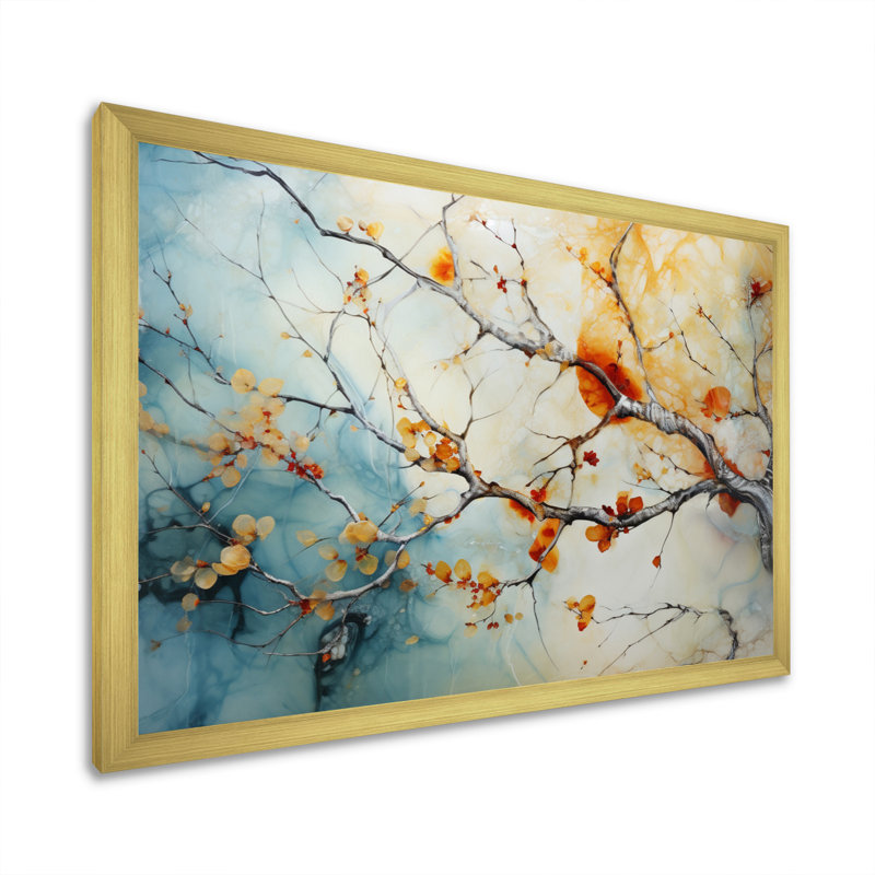 Orange, bleu sarcelle, érable brillant, agate I - arbre érable, art mural, H 34 po x l 44 po x P 1,5 po, Cadre doré simple