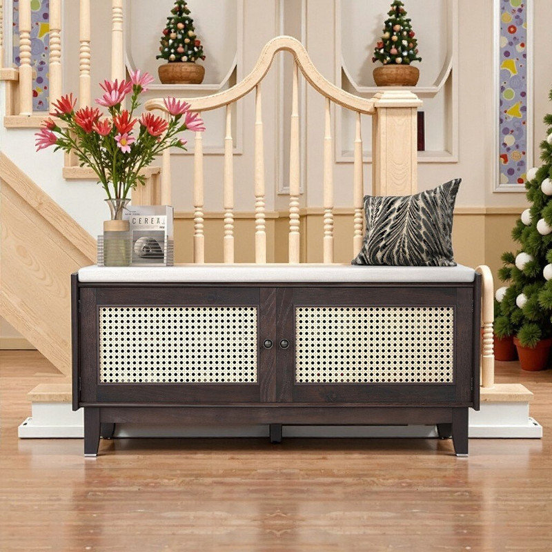 Storage Bench With Rattan Doors, Pine Wood Frame, Removable Cushion, And Adjustable Shelves, Beige,Espresso