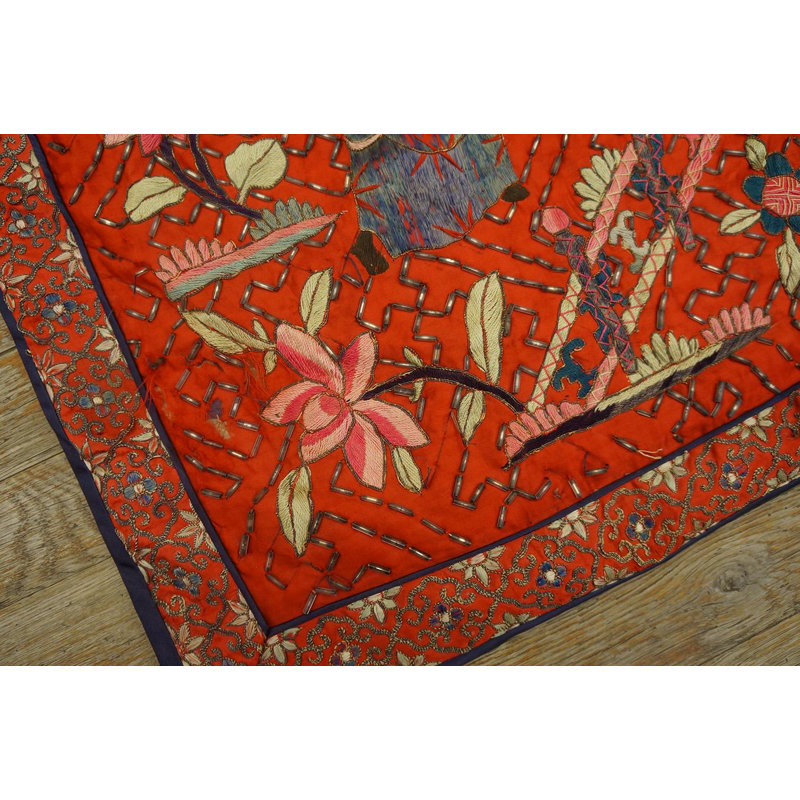 1930s Red Eight Immortals Chinese Silk Pictorial Embroidery 2' x 3' Carpet Rug