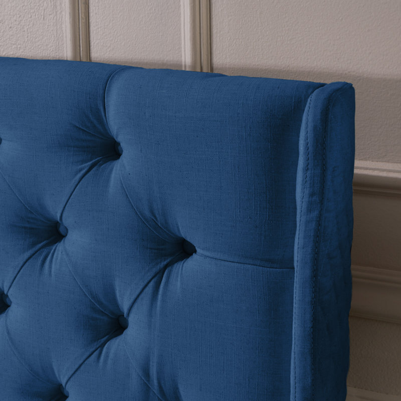 Très grande tête de lit tapissier à oreilles très grand capitonné, tissu doux, design Mid-Century pour chambre à coucher (bleu marine foncé)