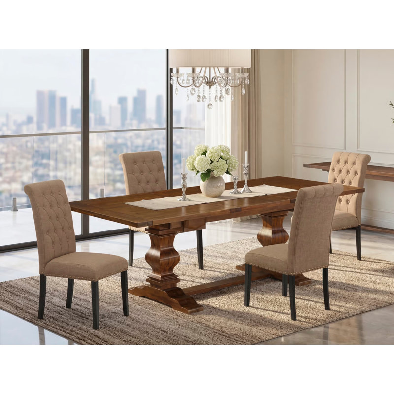 5 Piece Kitchen Table & Chairs Set Includes a Rectangle Removable Leaf Dining Table and 4 Light Sable Linen Fabric Parson Chairs, Walnut