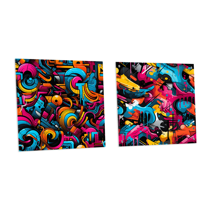 Popart Neon Graffiti Fusion I - ensemble abstrait d'art géométrique abstrait en verre sur verre, H 16 po x l 33 po