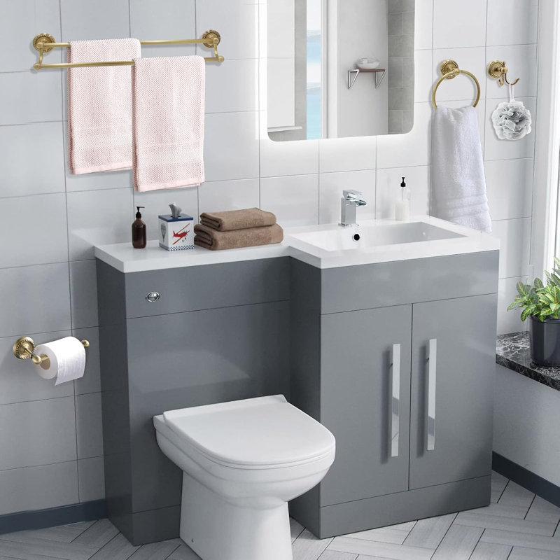 Antique Brass Bathroom Accessories Set - Wall Mounted Towel Holder, Toilet Paper Holder, Towel Ring & Robe Hook - Rust-Resistant Solid Brass Construction With Elegant Brushed Gold Finish